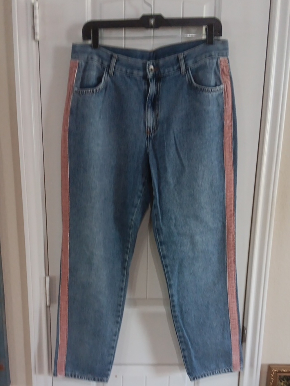 Calzedonia 100% Cotton Straight Leg Jeans Pink Velvet Side Stripe 34 Waist
